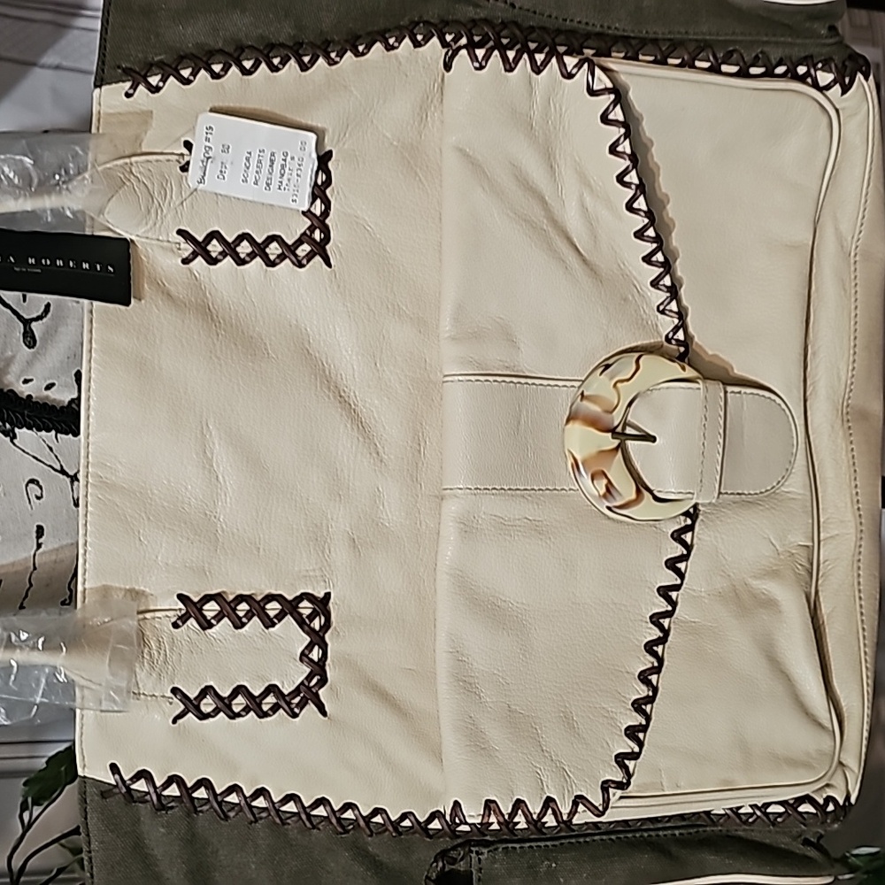 Sondra Roberts Cream/Olive Vegan Leather and Canvas Stitch Bag NWT - Picture 5 of 13